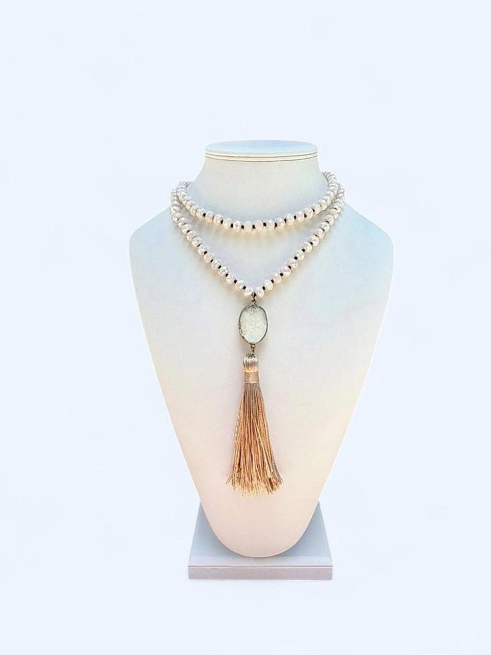 Hand Knotted White Druzy Tassel Necklace • 32" Boho Geode Mala Beads